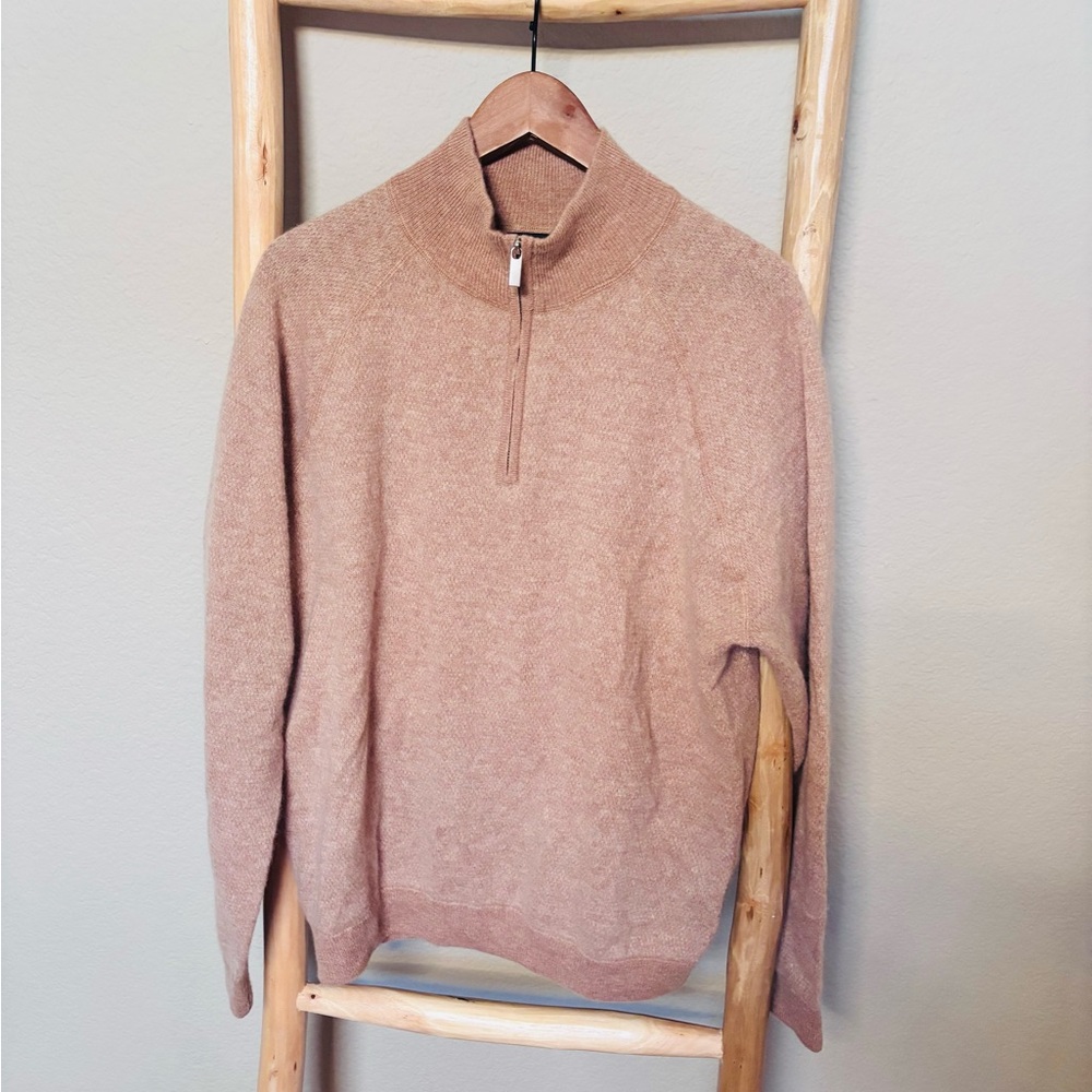 Magaschoni Men’s 100% Cashmere Quarter Zip Sweater Large Beige Taupe